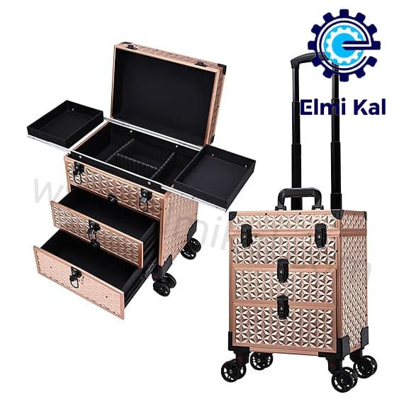 کیف آرایشی آلومینیومی_ چرخ‌دار طلایی_ با دو کشو پارتیشن‌بندی‌شده